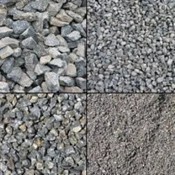 Kompozycja czterech zbliżeń różnych frakcji kruszywa budowlanego, od dużych, szarych kamieni po drobny, ciemny materiał sypki.