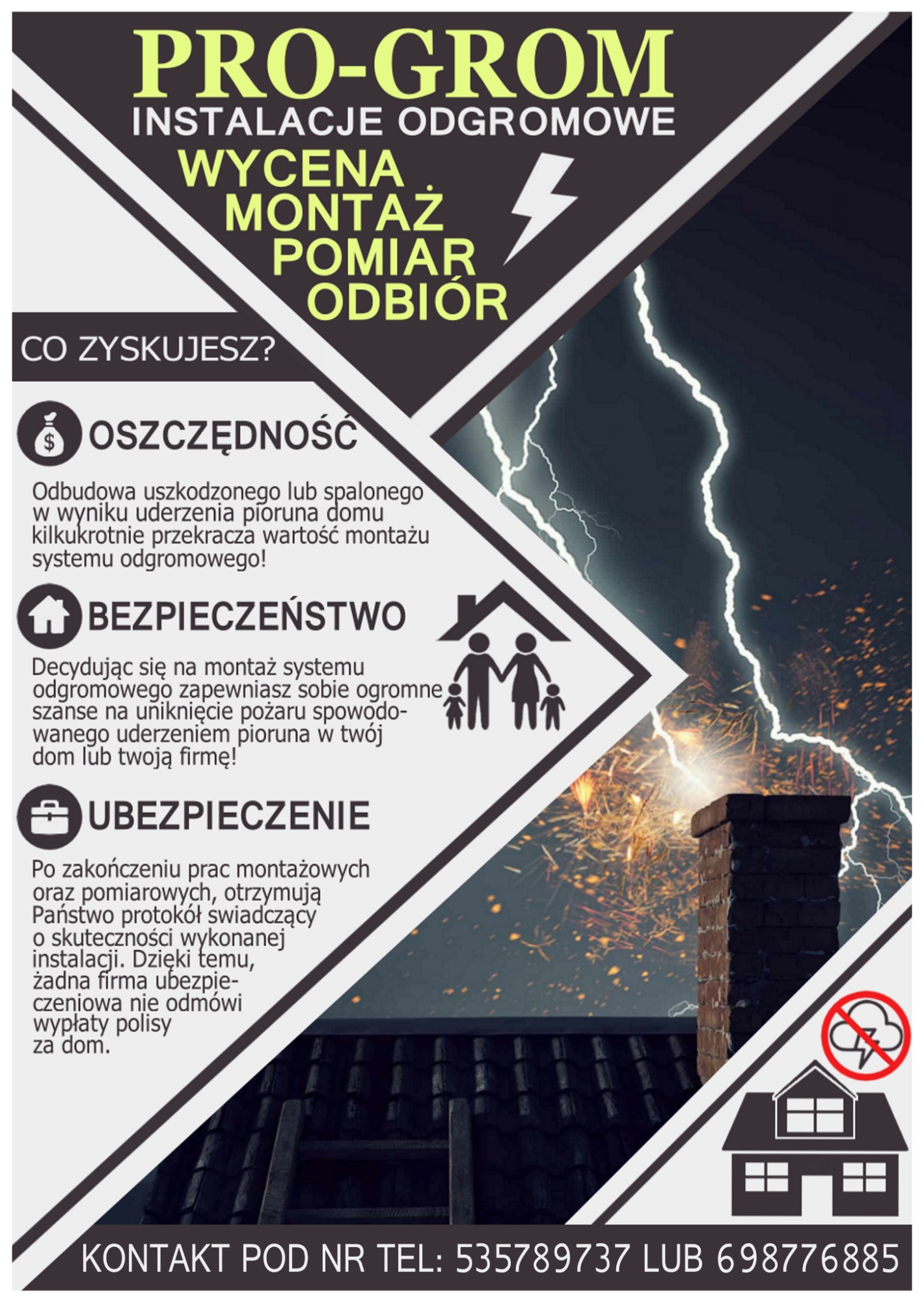 Grafika reklamowa firmy Pro-Grom oferującej instalacje odgromowe, prezentująca korzyści takie jak oszczędność, bezpieczeństwo i ubezpieczenie, z widocznym piorunem i schematycznym wizerunkiem domu.