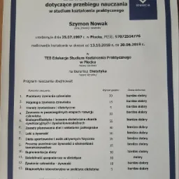 Ukończone studium na kierunku Dietetyka