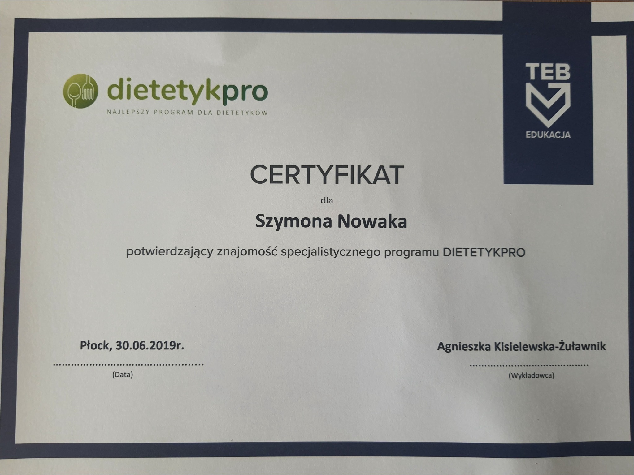 Certyfikat programu DIETETYKPRO