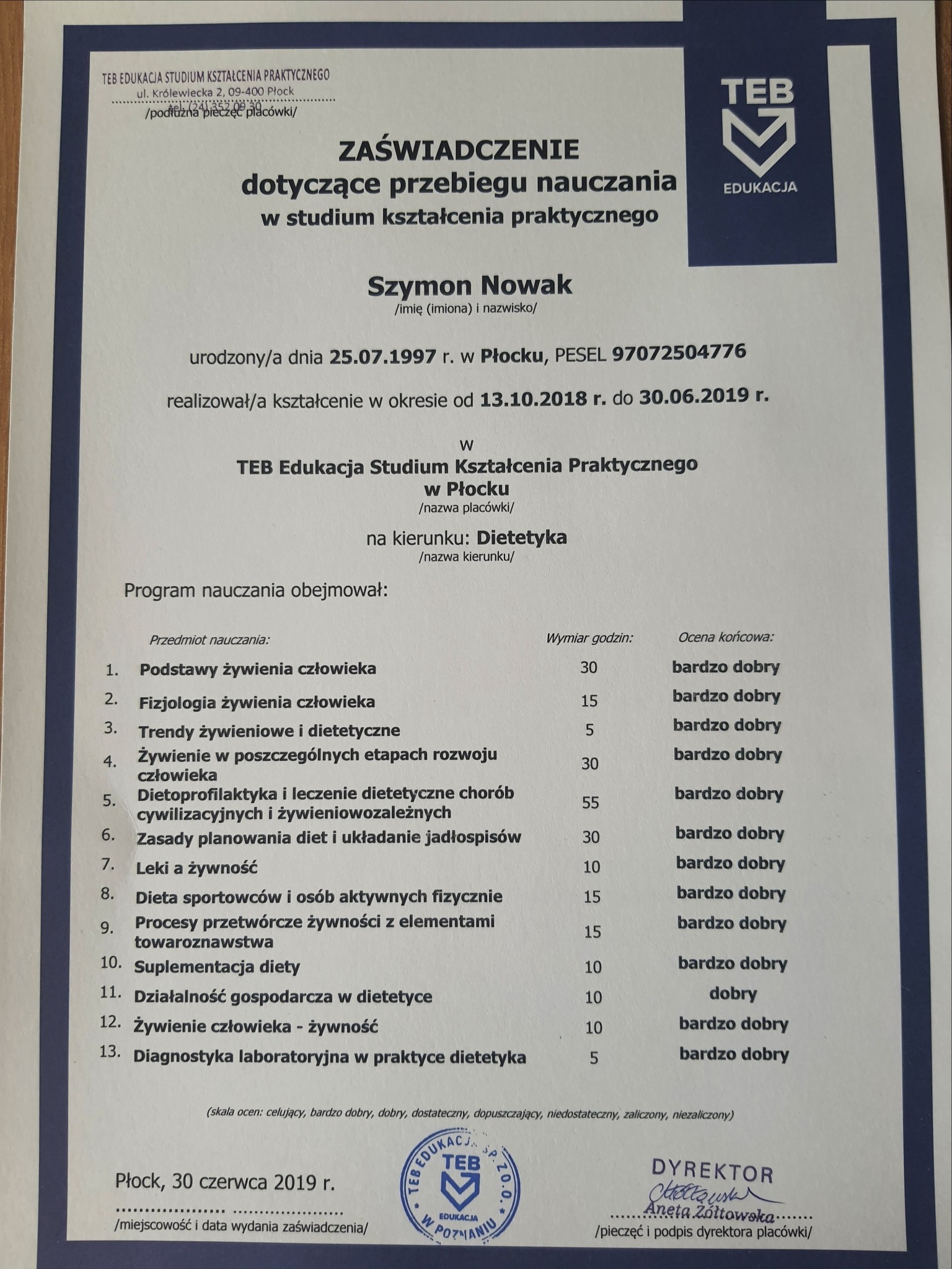 Ukończone studium na kierunku Dietetyka