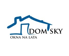 Niebieskie logo firmy 'DOM'SKY OKNA NA LATA' przedstawiające schematyczny zarys domu z kominem, na białym tle.