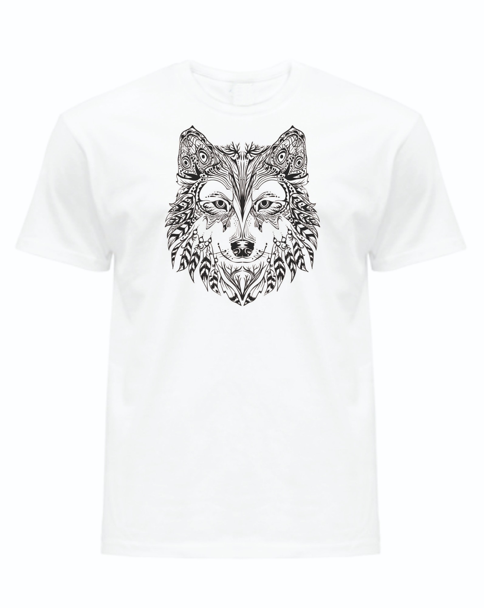 Biała koszulka z czarnym, etnicznym wzorem wilka na środku, z widocznymi detalami piór i ornamentów.