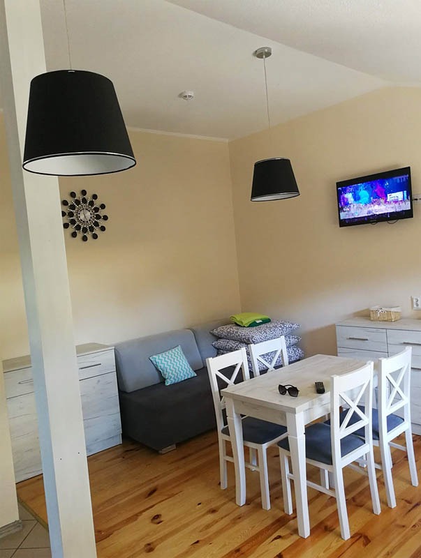 Jasne wnętrze pokoju z drewnianą podłogą, białym stołem i krzesłami, szarą sofą z turkusową poduszką, telewizorem na ścianie i dwoma czarnymi lampami wiszącymi.