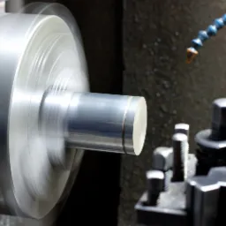 Metalowy wałek obrabiany na tokarce, widoczne chłodziwo i narzędzia tokarskie w tle.