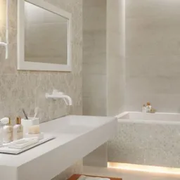 Nowoczesna łazienka w jasnych, neutralnych barwach z umywalką o minimalistycznym designie, lustrem w białej ramie i dekoracyjnymi płytkami na ścianach oraz podświetlaną wanną.