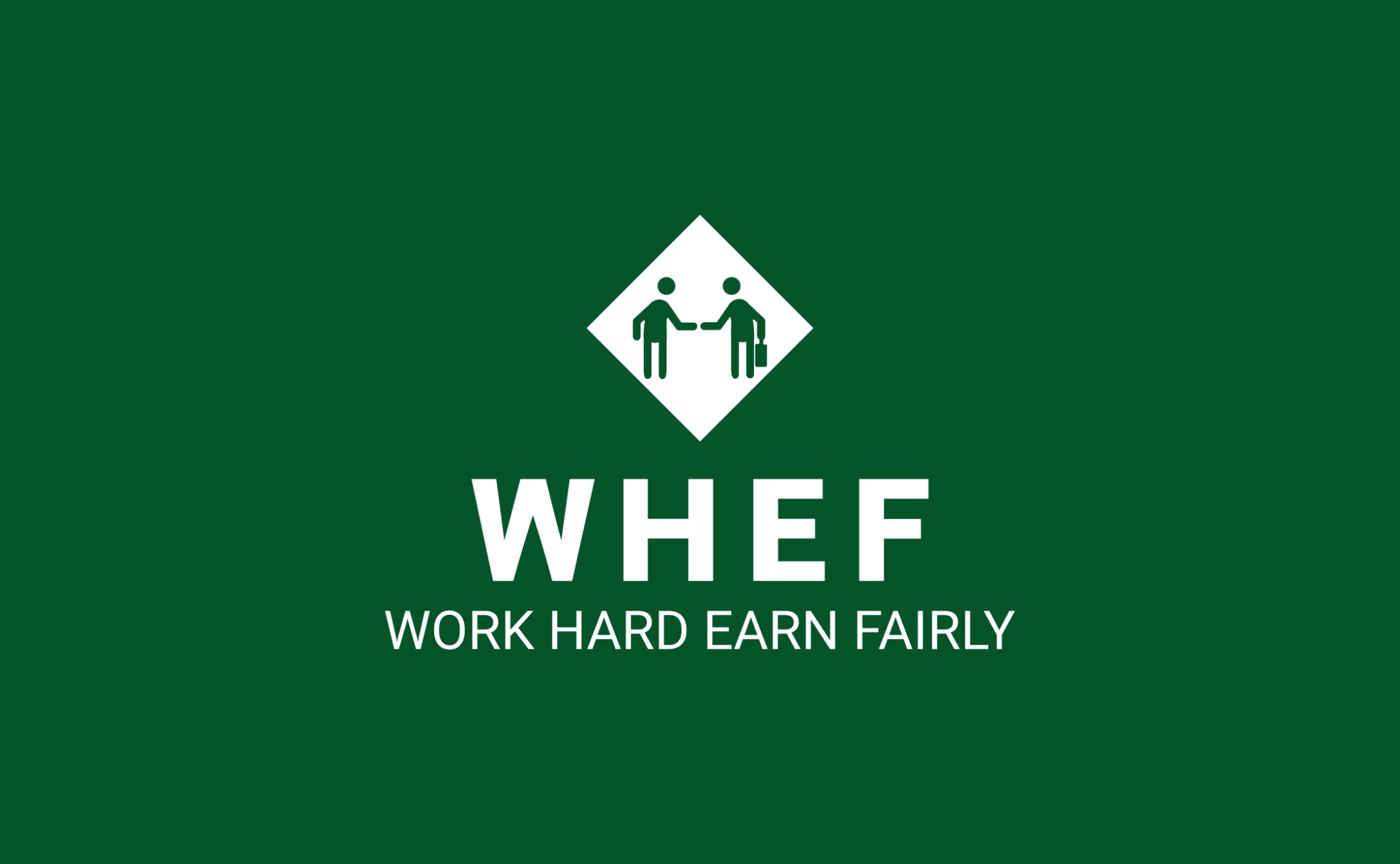 Zielone logo WHEF z ikoną uścisku dłoni w białym rombie i hasłem 'Work Hard Earn Fairly'.