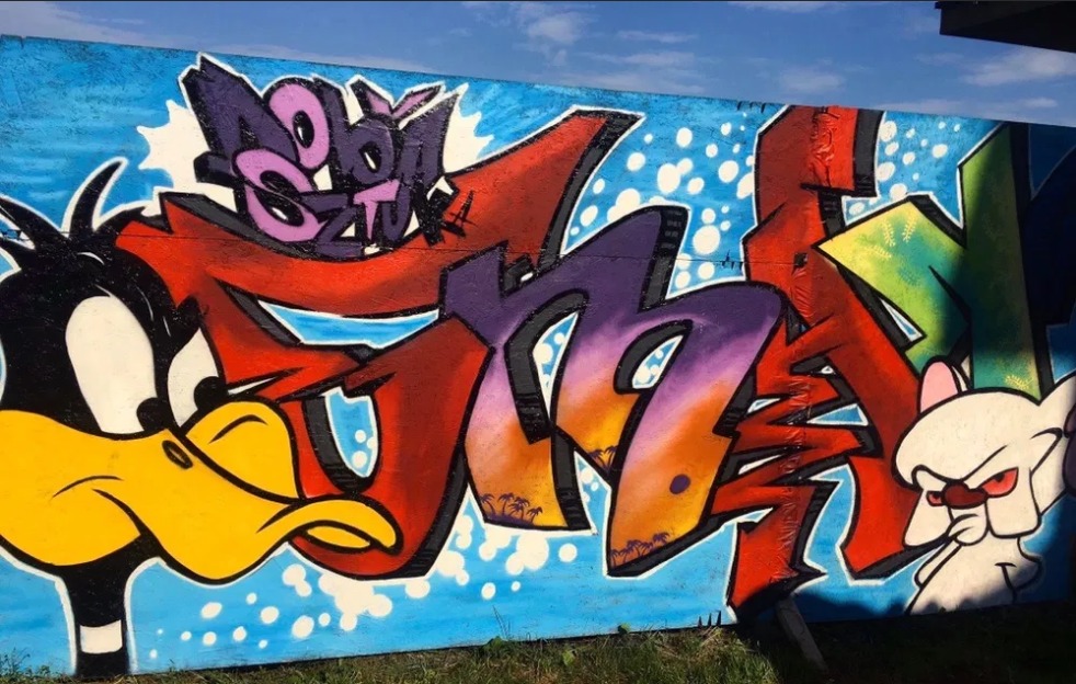 Kolorowe graffiti na ścianie przedstawiające Kaczora Daffy'ego, Pinky'ego i napisy w stylu graffiti z motywami palm i zachodzącego słońca.