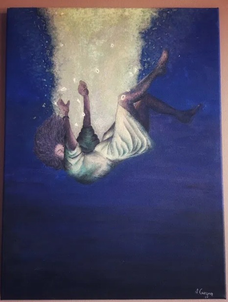 Obraz olejny przedstawiający kobietę w białej sukience, unoszącą się w głębokiej, błękitnej przestrzeni z jasną poświatą powyżej, ukazujący motyw zanurzenia lub unoszenia się w wodzie.