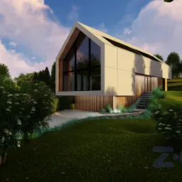 Wizualizacja nowoczesnego domu jednorodzinnego z dużym przeszkleniem, otoczonego zielenią i ścieżką z jasnej kostki.