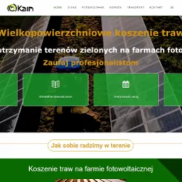 Strona internetowa firmy oferującej wielkopowierzchniowe koszenie traw i zakładanie terenów zielonych na farmach fotowoltaicznych, z hasłem 'Zaufaj profesjonalistom' i ikonami symbolizującymi...