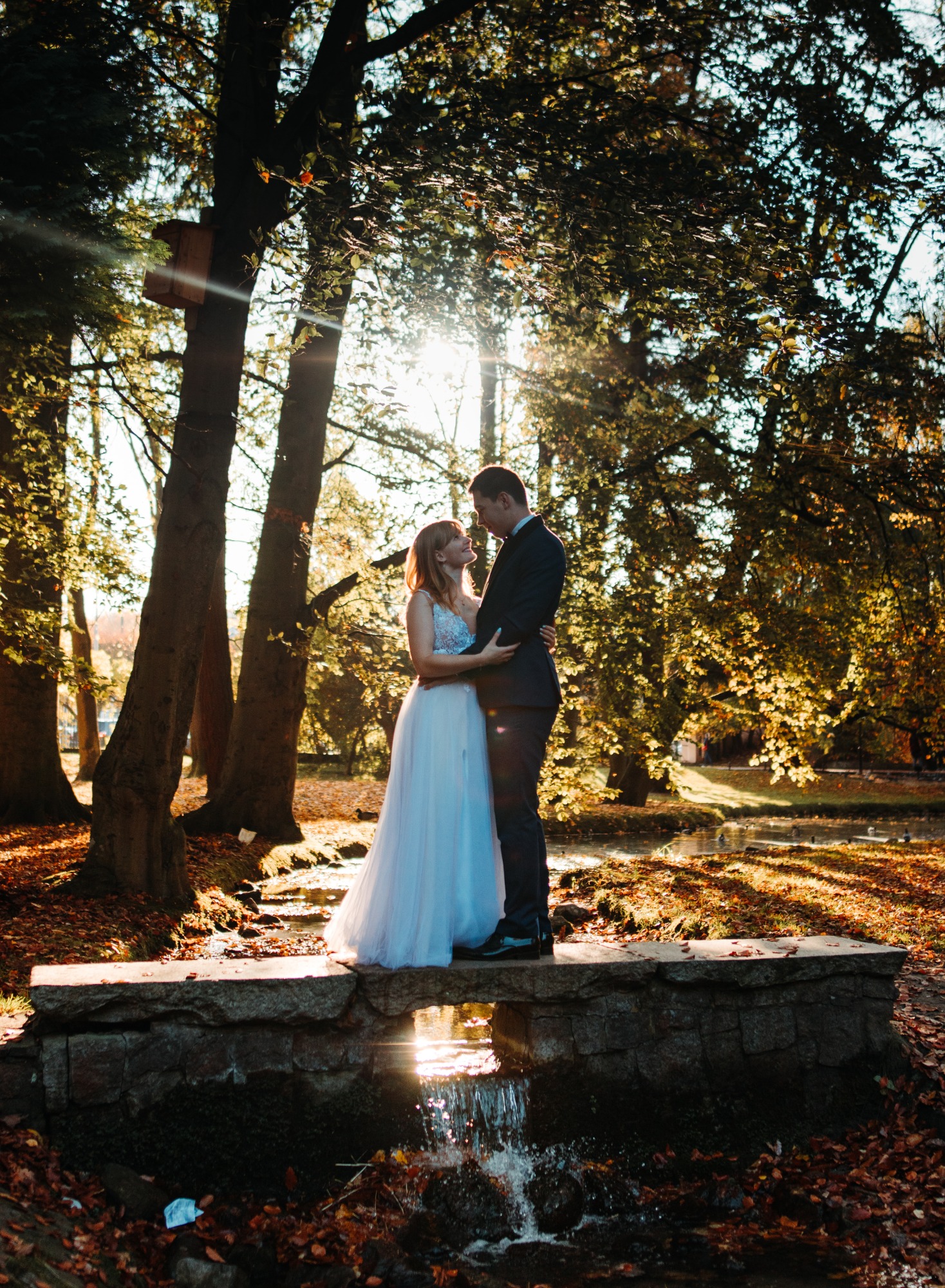 Para młoda w objęciach stoi na kamiennym mostku nad strumieniem w jesiennym parku, światło słoneczne przebija przez liście, oświetlając ich sylwetki.
