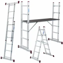 Zestaw aluminiowych drabin Krause w różnych konfiguracjach: przystawna, rozstawna i jako rusztowanie z platformą roboczą, z widocznym logo producenta.