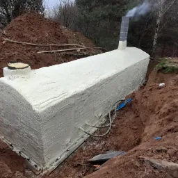 Zabezpieczony zbiornik podziemny w wykopie, pokryty szarą warstwą izolacyjną, z widocznymi przewodami i kominem odprowadzającym parę, otoczony ziemią i fragmentami zieleni.