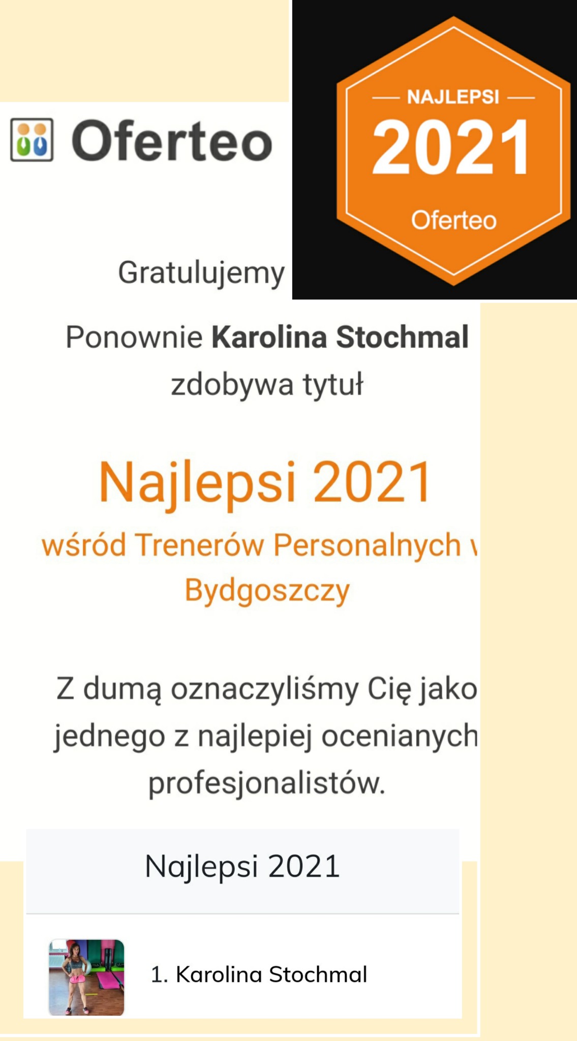 Zrzut ekranu z gratulacjami Oferteo dla Karoliny Stochmal, ponownie nagrodzonej tytułem Najlepsi 2021 wśród trenerów personalnych w Bydgoszczy, z pomarańczową odznaką Najlepsi 2021 i miniaturką...