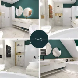 Wizualizacja projektu łazienki z turkusową ścianą, okrągłymi podświetlanymi lustrami, białą armaturą i marmurowymi płytkami, prezentująca różne ujęcia z perspektywy użytkownika.