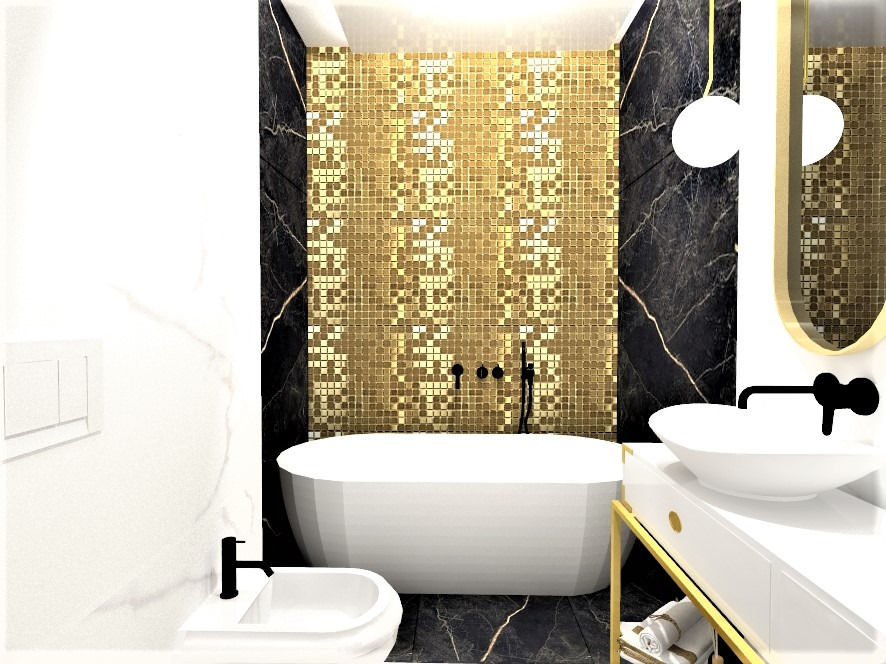 Zjawiskowa łazienka w stylu glamour. Połącznie złota z białym i czarnym marmurem.