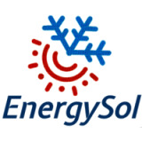 Logo firmy EnergySol przedstawiające stylizowaną kombinację słońca i płatka śniegu, symbolizujące energię i chłodzenie, z nazwą firmy w kolorze granatowym poniżej.