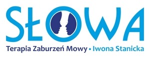 Logo firmy: 'SŁOWA', terapia zaburzeń mowy, Iwona Stanicka. W okręgu między literami 'O' znajdują się profile dwóch głów skierowanych ku sobie.