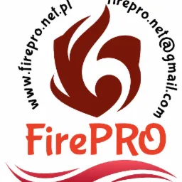Logo firmy FirePRO z motywem płomienia, adresem strony internetowej i adresem e-mail na białym tle.