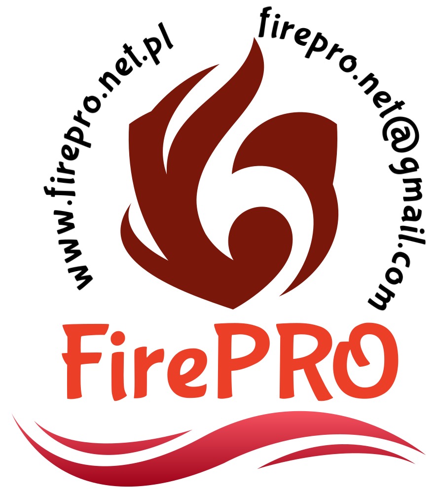 Logo firmy FirePRO z motywem płomienia, adresem strony internetowej i adresem e-mail na białym tle.