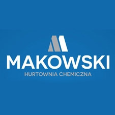 Logo firmy MAKOwski Hurtownia Chemiczna na niebieskim tle.