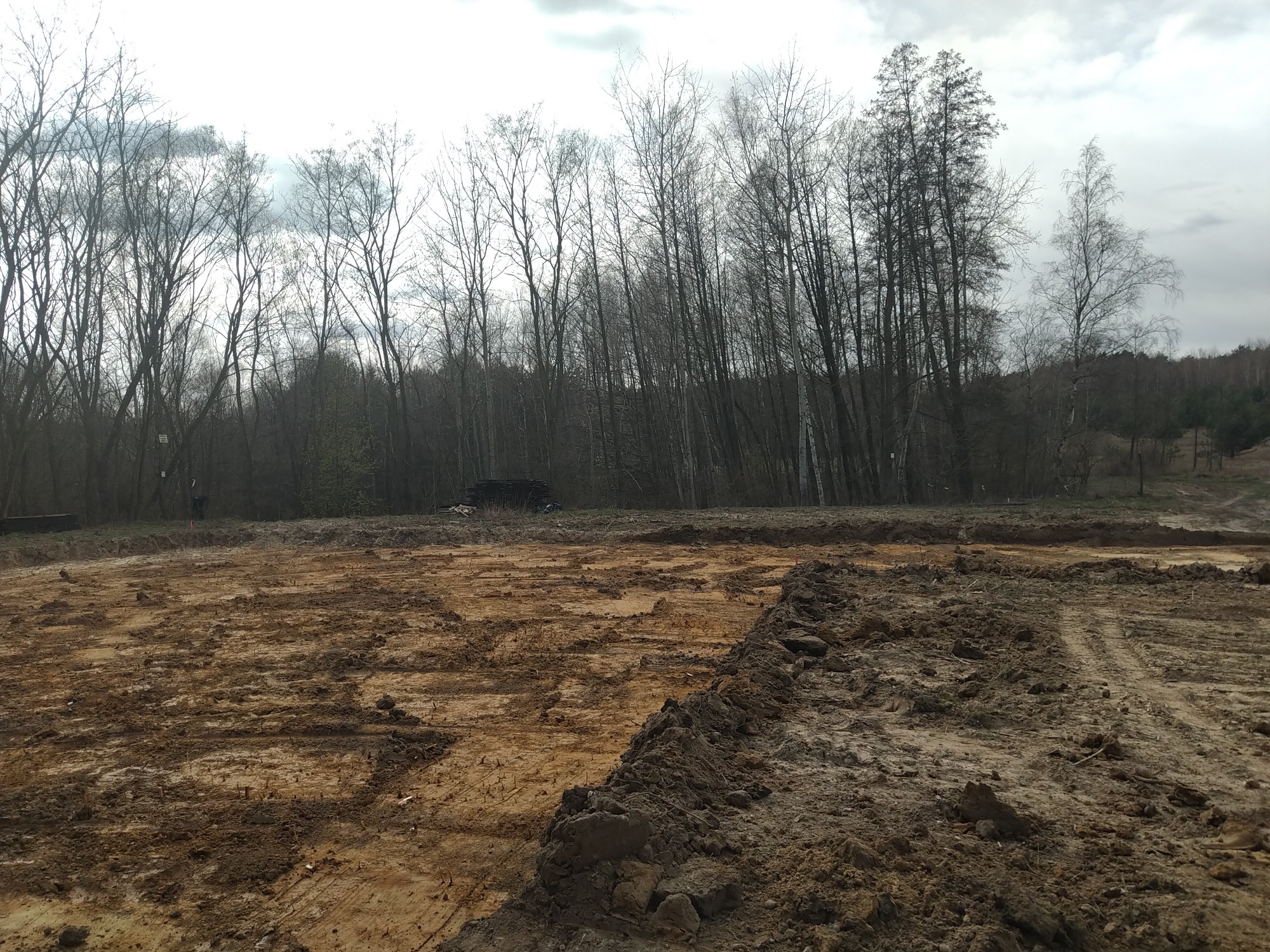 Przygotowany teren pod budowę z widocznymi śladami po wykopach, otoczony drzewami bez liści, w tle las i pochmurne niebo.