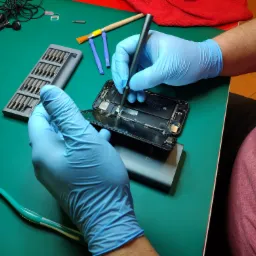 Otwarty smartfon z widoczną baterią, naprawiany przy użyciu precyzyjnego śrubokręta w rękawicach ochronnych na zielonym blacie, obok zestaw narzędzi, pędzel i szczoteczka do czyszczenia.