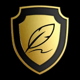 Złota tarcza z czarnym piórem, logo firmy na czarnym tle, render 3D.