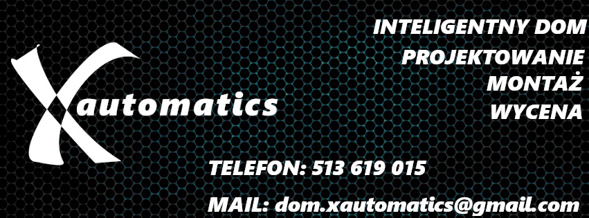 Logo firmy Xautomatics na tle czarnej siatki heksagonalnej, oferującej usługi projektowania, montażu i wyceny inteligentnych domów, z podanym numerem telefonu i adresem e-mail.