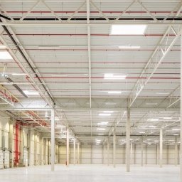 Adirect Adam Krzywdziński - Wnętrze pustej hali magazynowej z betonowymi filarami, systemem rur pod sufitem i bramami rolowanymi po lewej stronie.