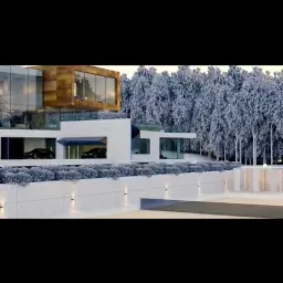 Wizualizacja nowoczesnej willi z garażem na dwa samochody, elewacją z drewnianymi akcentami i otoczeniem z zimową scenerią.