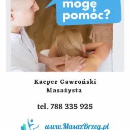 Grafika reklamowa: Masażysta w trakcie pracy, pyta pacjentkę 'w czym mogę pomóc?'