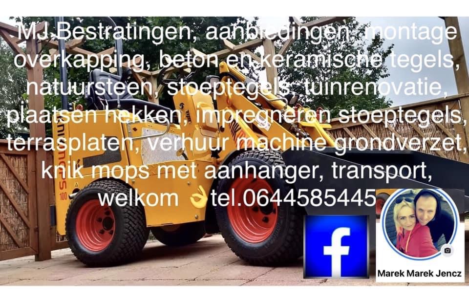 Żółta miniładowarka z czerwonymi felgami na tle drewnianego ogrodzenia, z nałożonym tekstem reklamowym i logiem Facebook oraz zdjęciem właścicieli firmy.