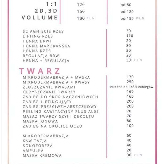 Cennik usług kosmetycznych z wyszczególnionymi zabiegami na twarz, rzęsy i brwi wraz z cenami.