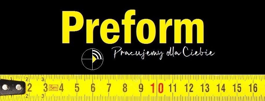 Żółta miarka zwinięta z widocznym logo firmy 'Preform' i hasłem 'Pracujemy dla Ciebie' na czarnym tle.