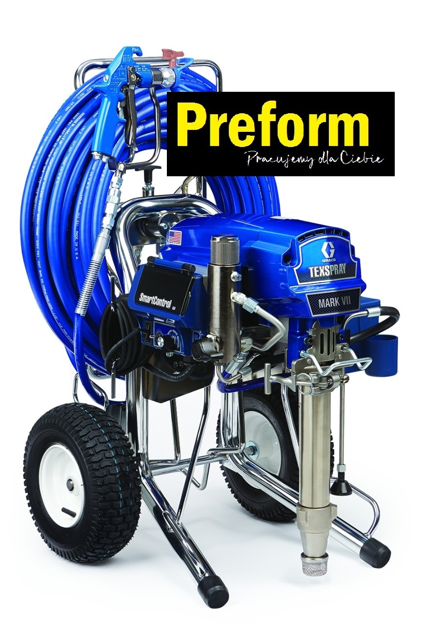 Profesjonalny agregat malarski Graco TexSpray Mark VII na wózku z niebieskim wężem, widoczny SmartControl i dysza natryskowa.