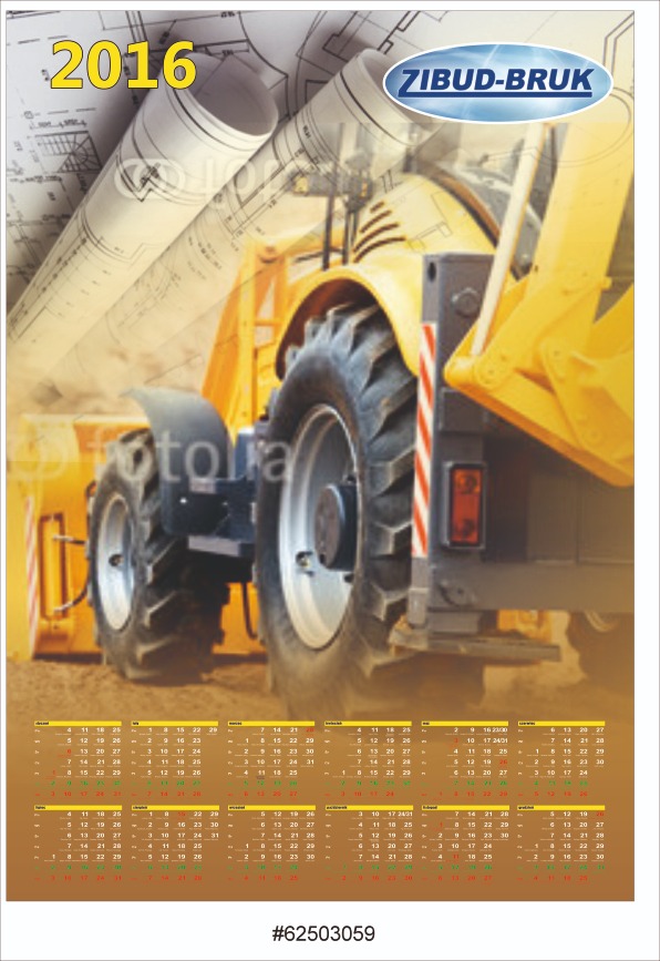 Kalendarz firmowy na rok 2016 z grafiką maszyny budowlanej, logiem Zibud-Bruk i planami architektonicznymi w tle.