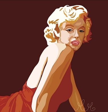Stylizowana ilustracja Marilyn Monroe w czerwonej sukience, odwrócona przez ramię, na ciemnobrązowym tle, z widocznym cyfrowym podpisem w prawym dolnym rogu.