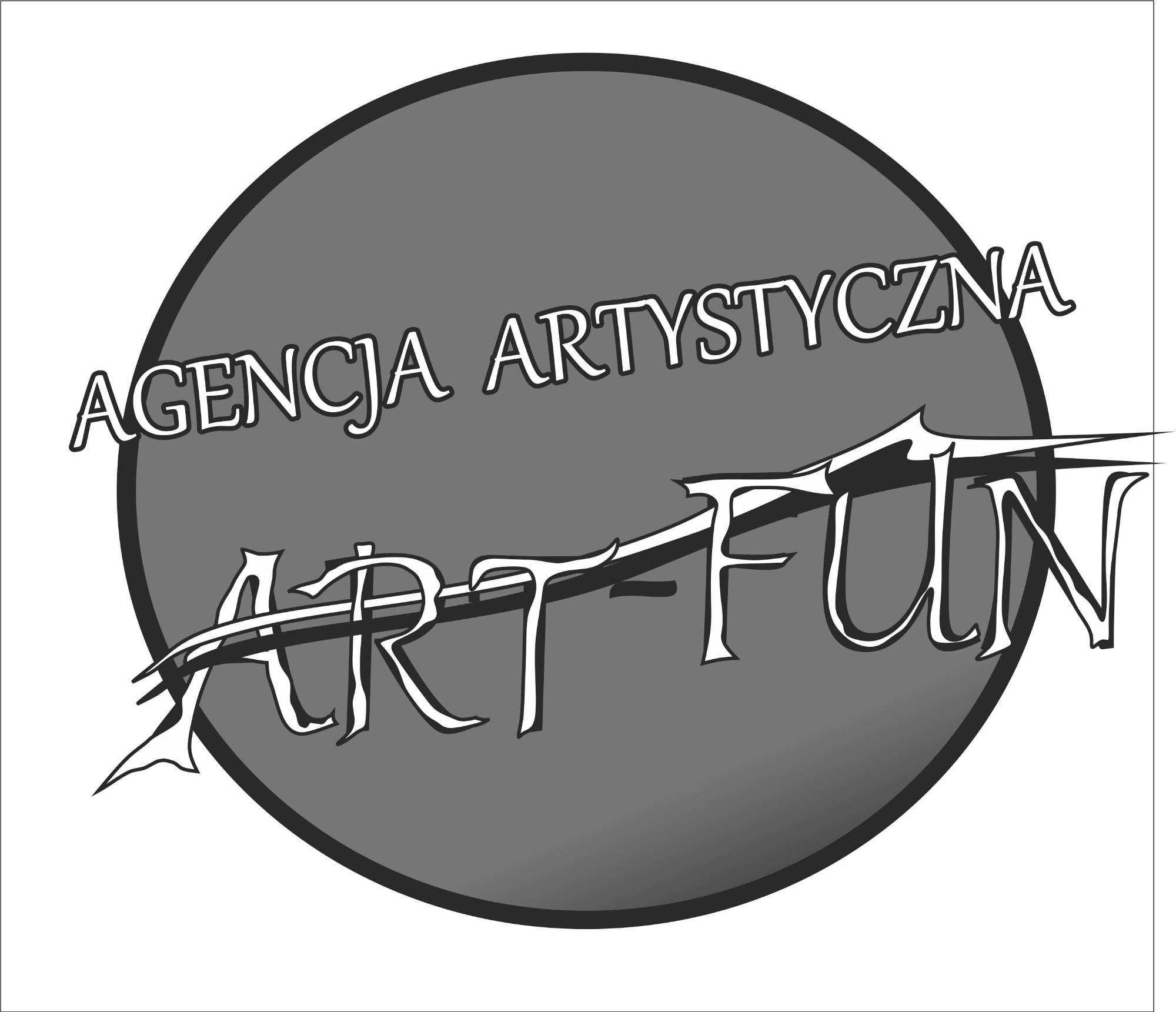 Logo Agencji Artystycznej ART-FUN w okręgu z gradientem szarości, z unikalną typografią i przekreśleniem.