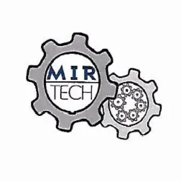 Grafika przedstawia logo firmy MIR TECH zintegrowane z dwoma szarymi kołami zębatymi, z których mniejsze zawiera wewnątrz sześć mniejszych zębatek.