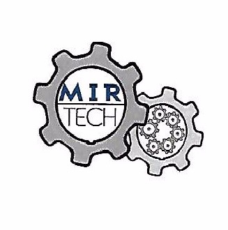 Grafika przedstawia logo firmy MIR TECH zintegrowane z dwoma szarymi kołami zębatymi, z których mniejsze zawiera wewnątrz sześć mniejszych zębatek.