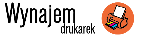 Grafika z napisem 'Wynajem drukarek' obok pomarańczowego ikony drukarki z kolorowymi wkładami.