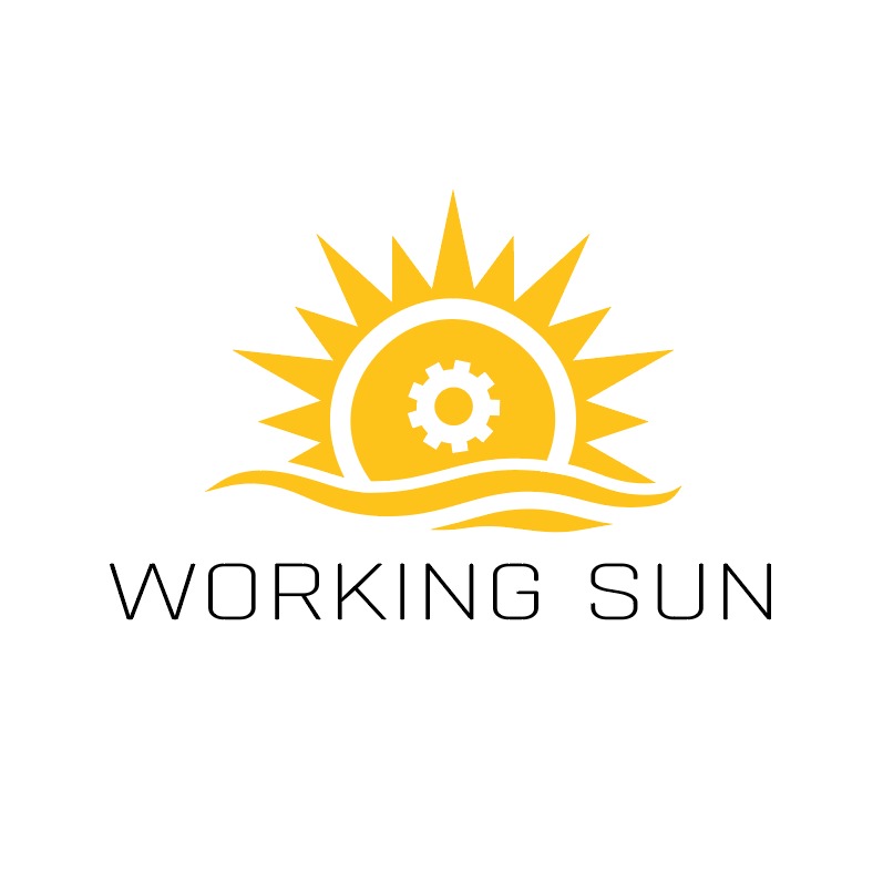 Żółte logo firmy 'Working Sun' przedstawiające słońce z kołem zębatym w środku, umieszczone nad dwiema falami.