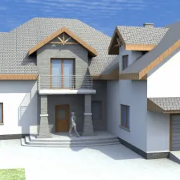 Wizualizacja dwukondygnacyjnego domu z garażem, jasną elewacją i szarą dachówką, z balkonem i postacią ludzką przed wejściem.