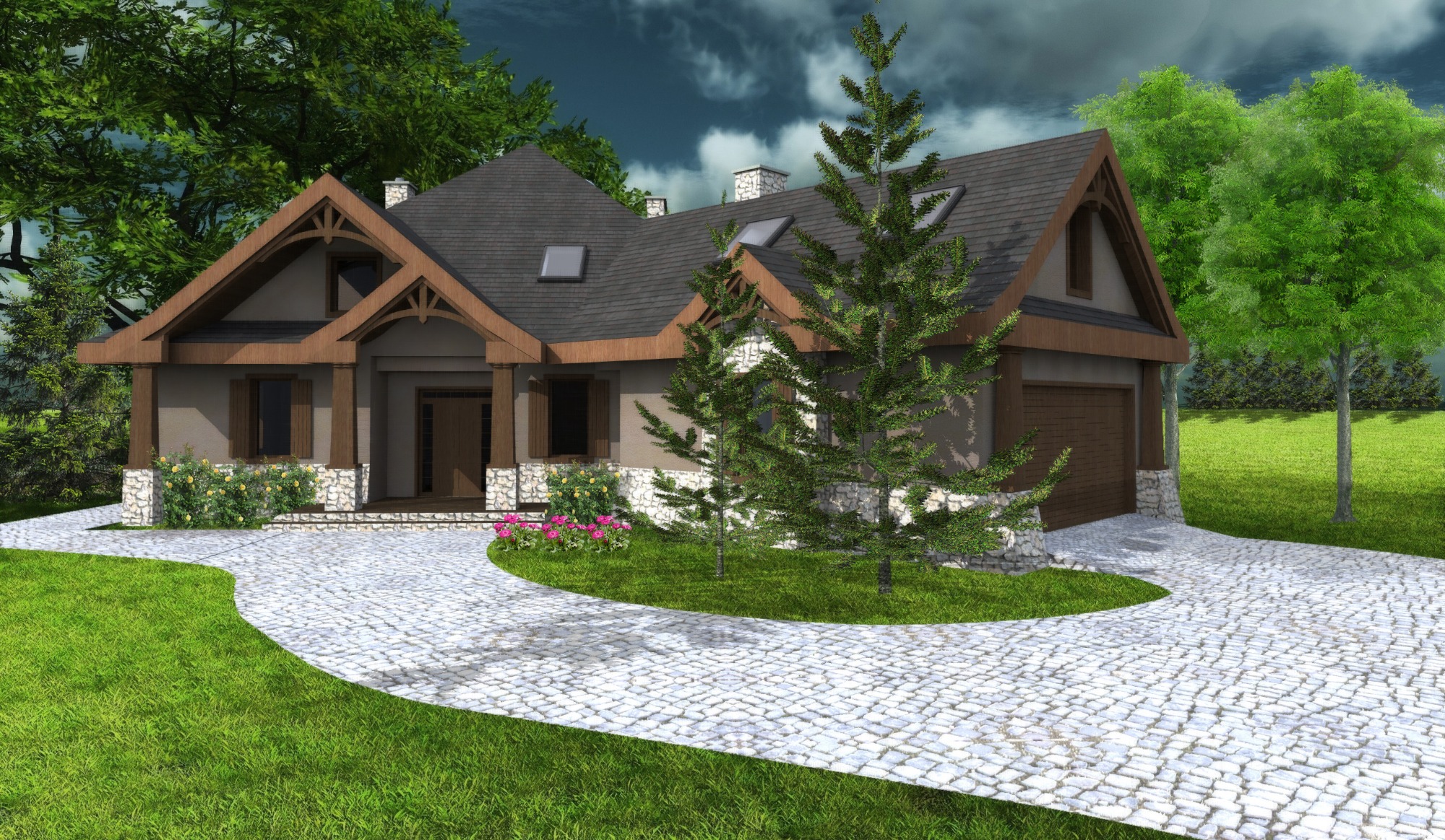 Wizualizacja domu jednorodzinnego z podjazdem z kostki brukowej i elementami drewnianymi, otoczonego zielenią.