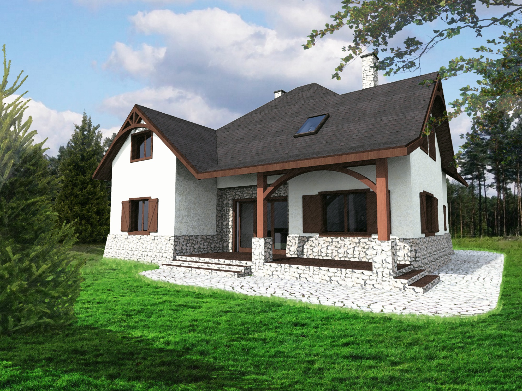 Wizualizacja projektu domu jednorodzinnego z białymi ścianami, kamienną podmurówką i drewnianymi elementami werandy, otoczonego zielonym trawnikiem i drzewami iglastymi.