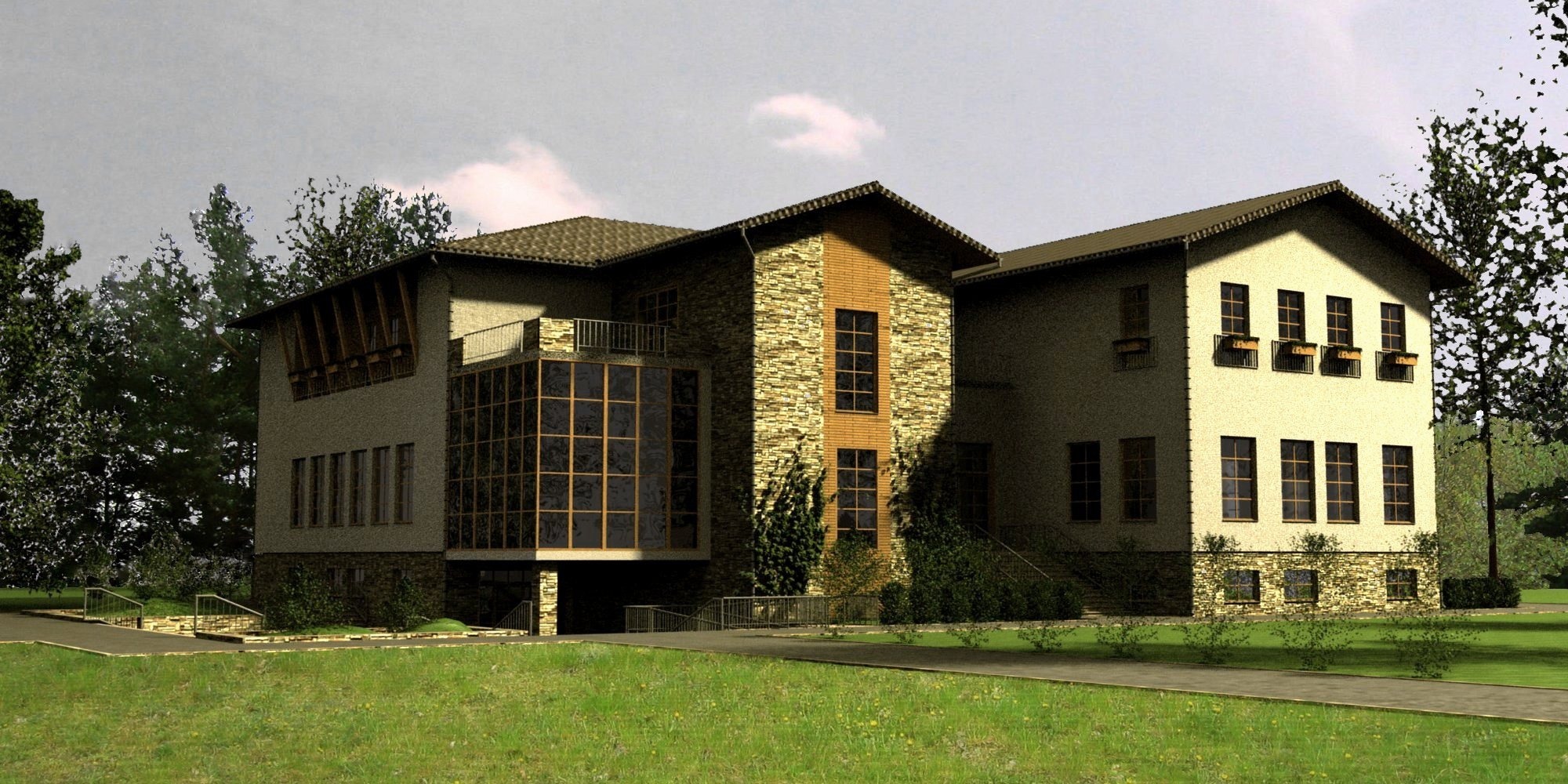 Wizualizacja dwukondygnacyjnego budynku usługowego z elementami kamiennymi i dużymi oknami, otoczonego zielenią.