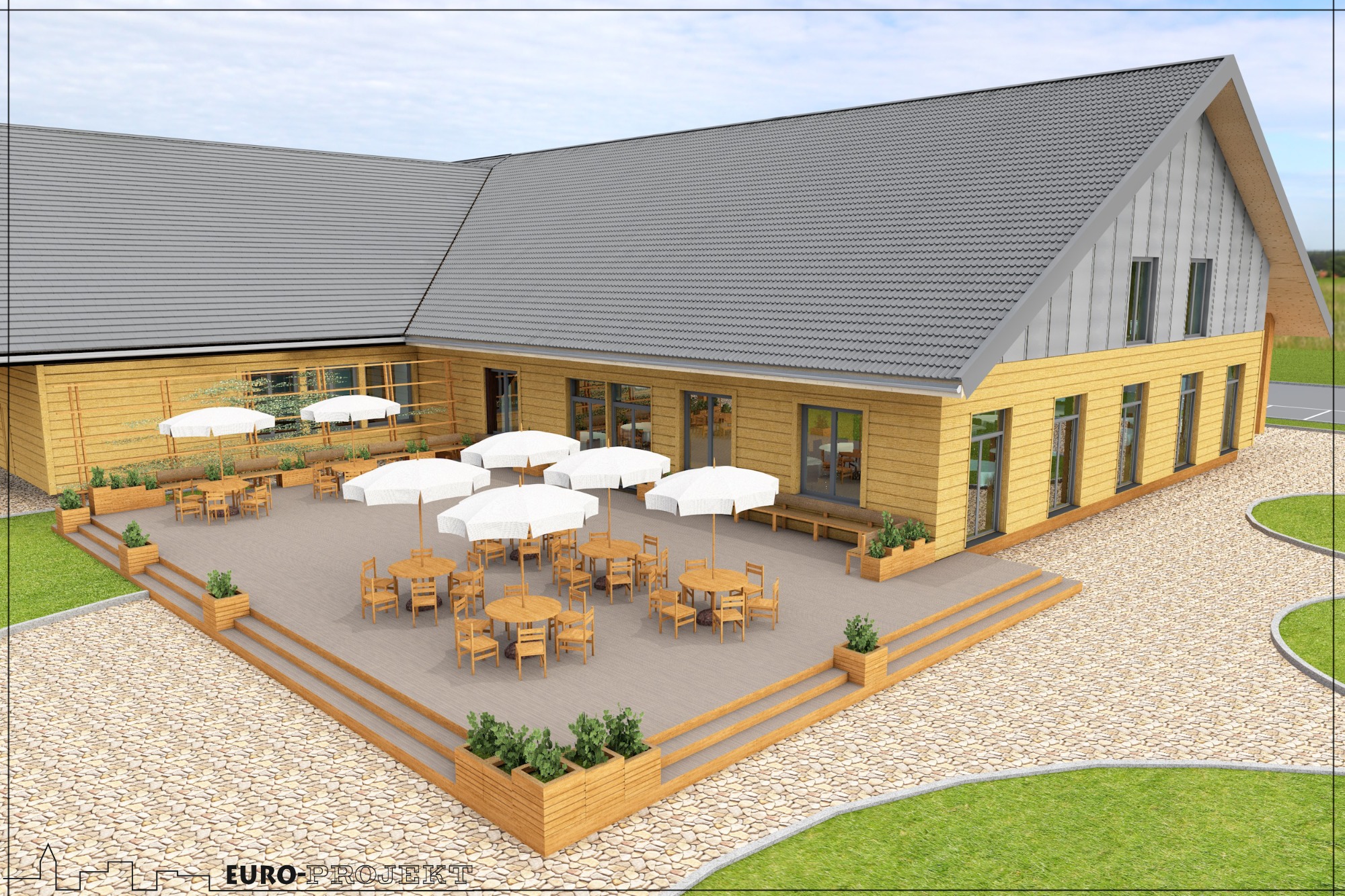 Wizualizacja budynku usługowego z drewnianą elewacją, tarasem z meblami ogrodowymi i białymi parasolami.