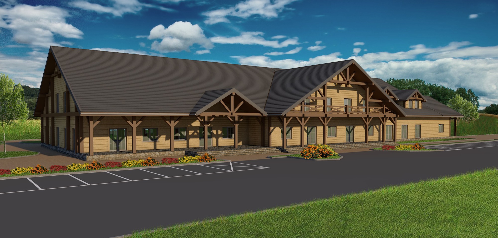 Wizualizacja budynku usługowego z drewna z parkingiem, dwuspadowym dachem i elementami dekoracyjnymi z drewna.